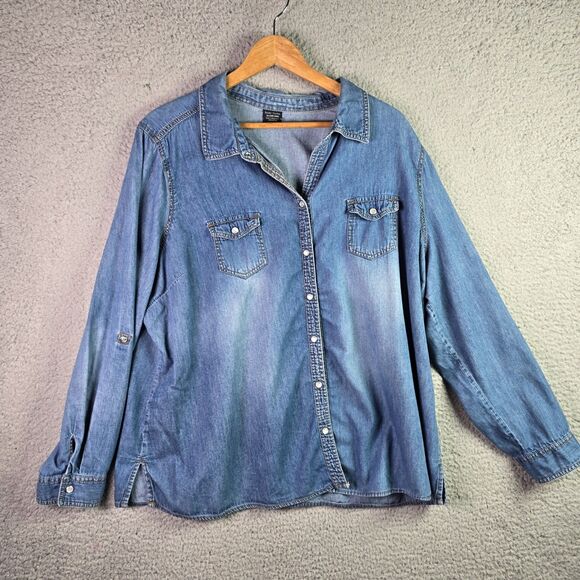 VTG Faded Glory Denim Shirt 3X Pearl Snap Roll Tab Western Y2K Cotton Side Slits - Picture 13 of 16